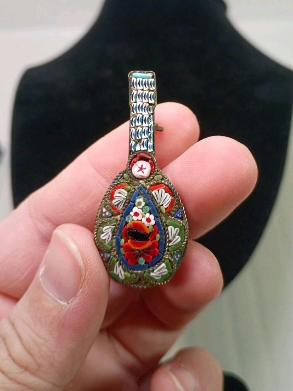 Vintage Italian Micro Mosaic Mandolin Brooch Multicolor Glass Handmade Stamped